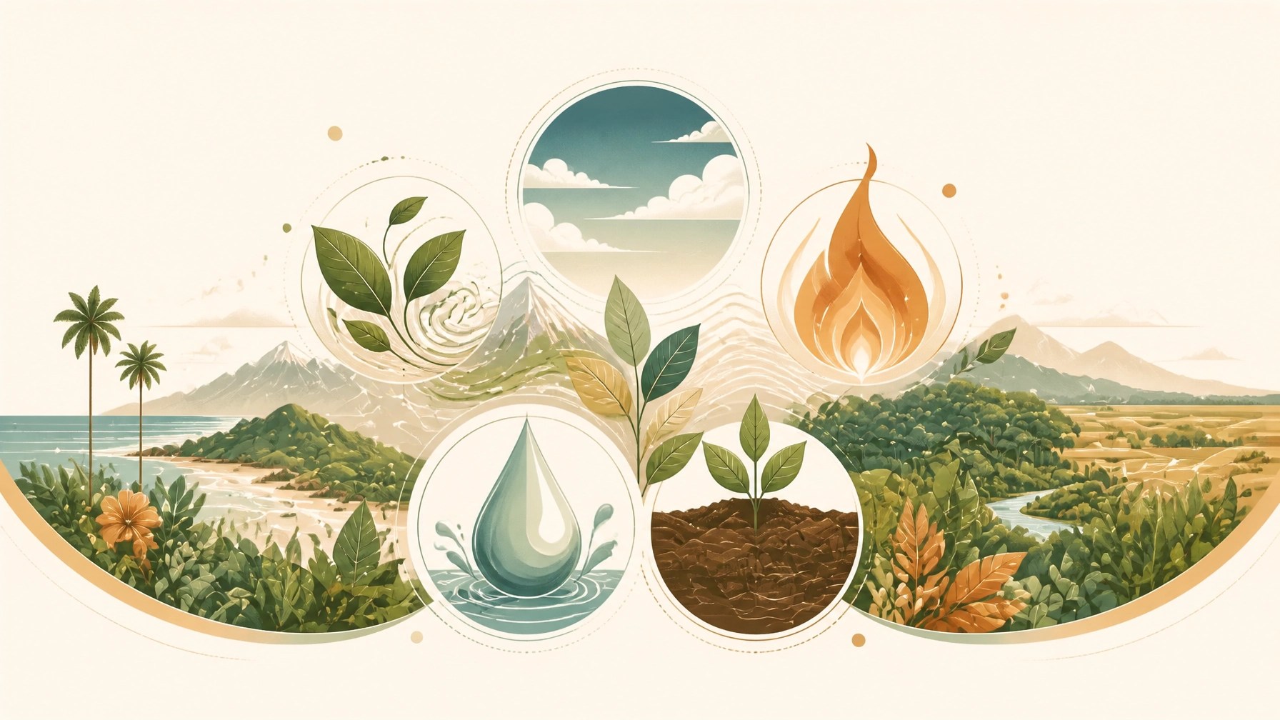 Ilustración cálida de los cinco elementos integrados con montañas, selvas, costa y llanos colombianos