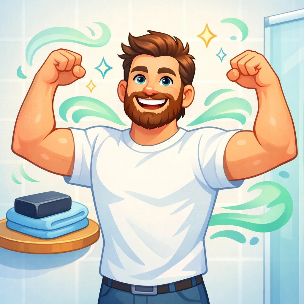 Illustration of a man feeling fresh after a detox with charcoal soap and men's natural deodorant.