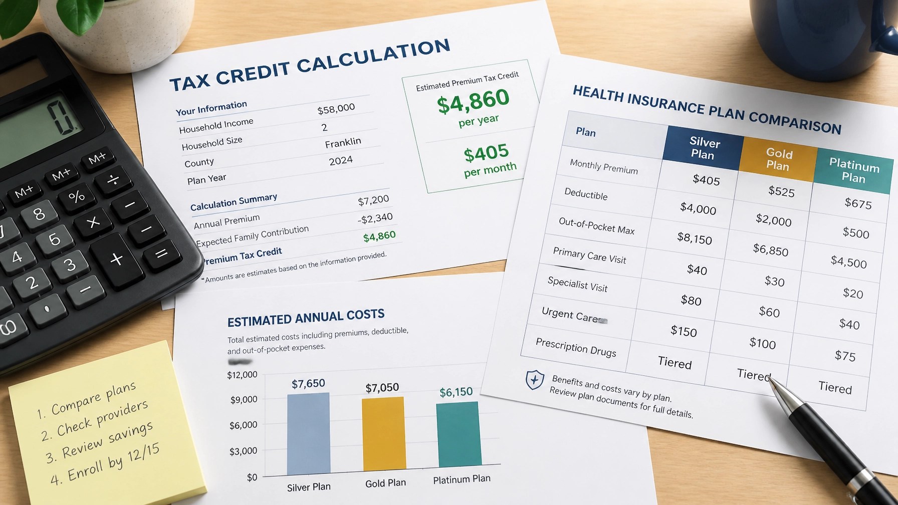 Close-up of financial charts, tax credit calculations, and health insurance cost comparisons on a clean wooden desk