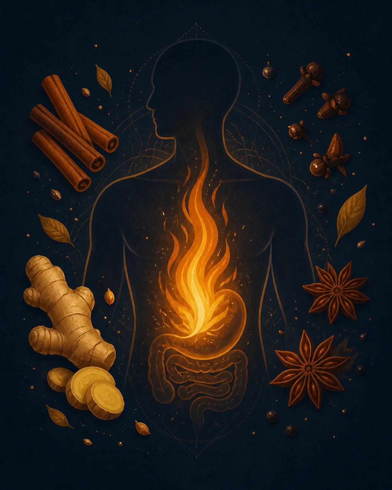Ilustración conceptual del Agni o fuego digestivo rodeado de especias colombianas
