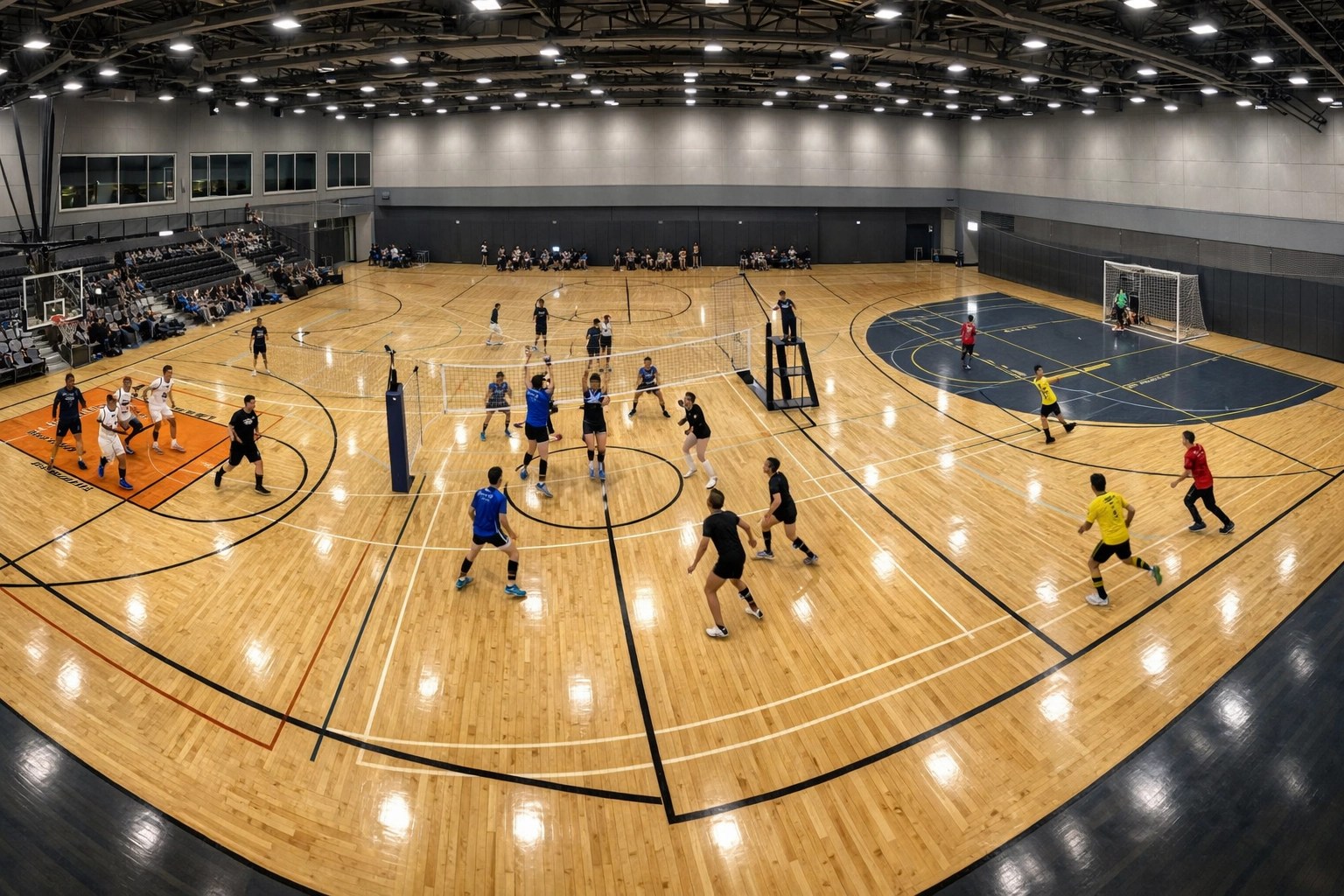 Seamless 180 degree panoramic view of an indoor basketball court showing the full playing area.