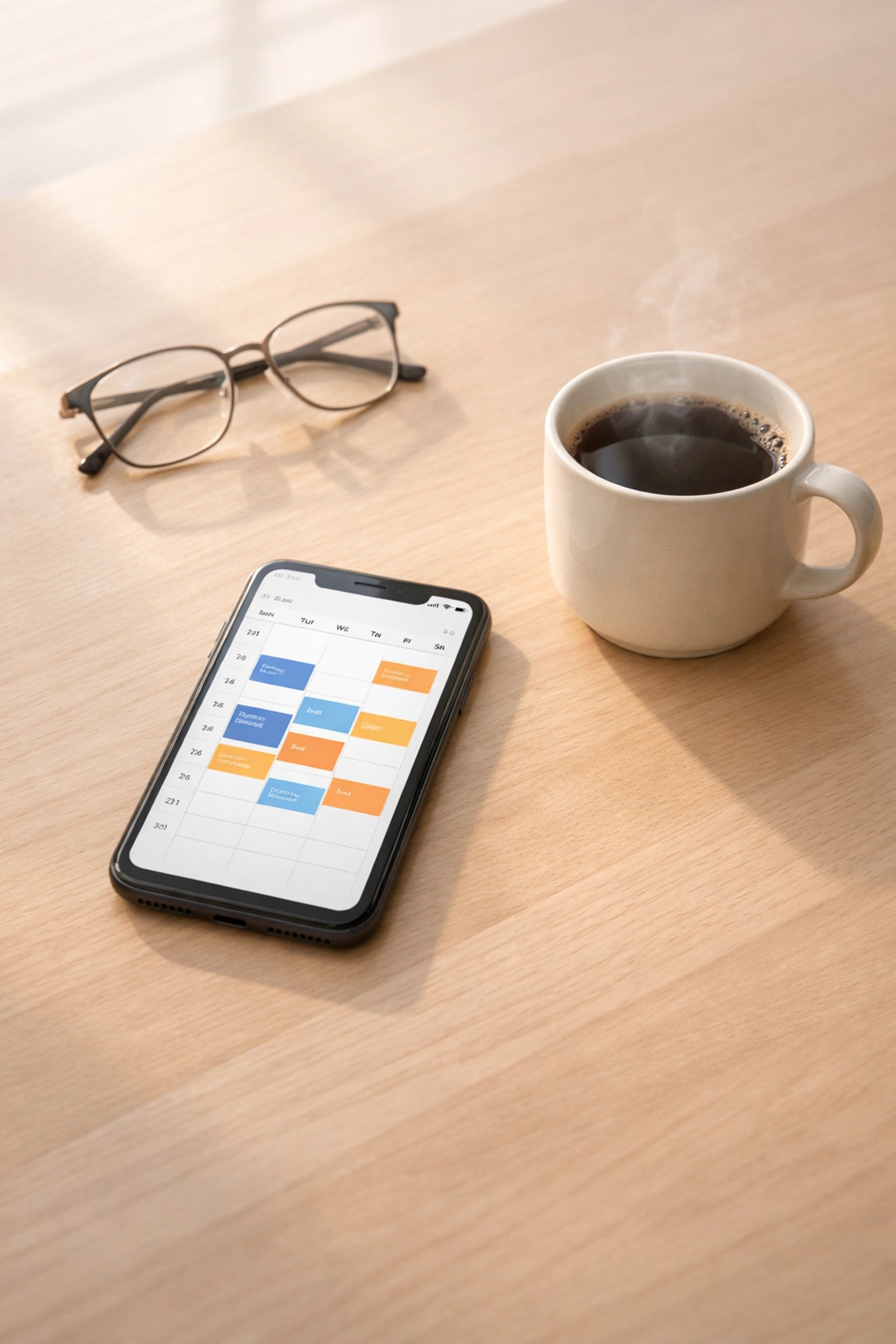 Organized digital calendar on a smartphone showing scheduled medical transportation appointments on a clean desk.