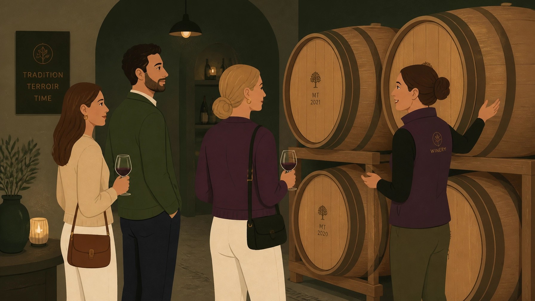 Flat illustration of a private behind-the-scenes winery cellar tour with oak barrels