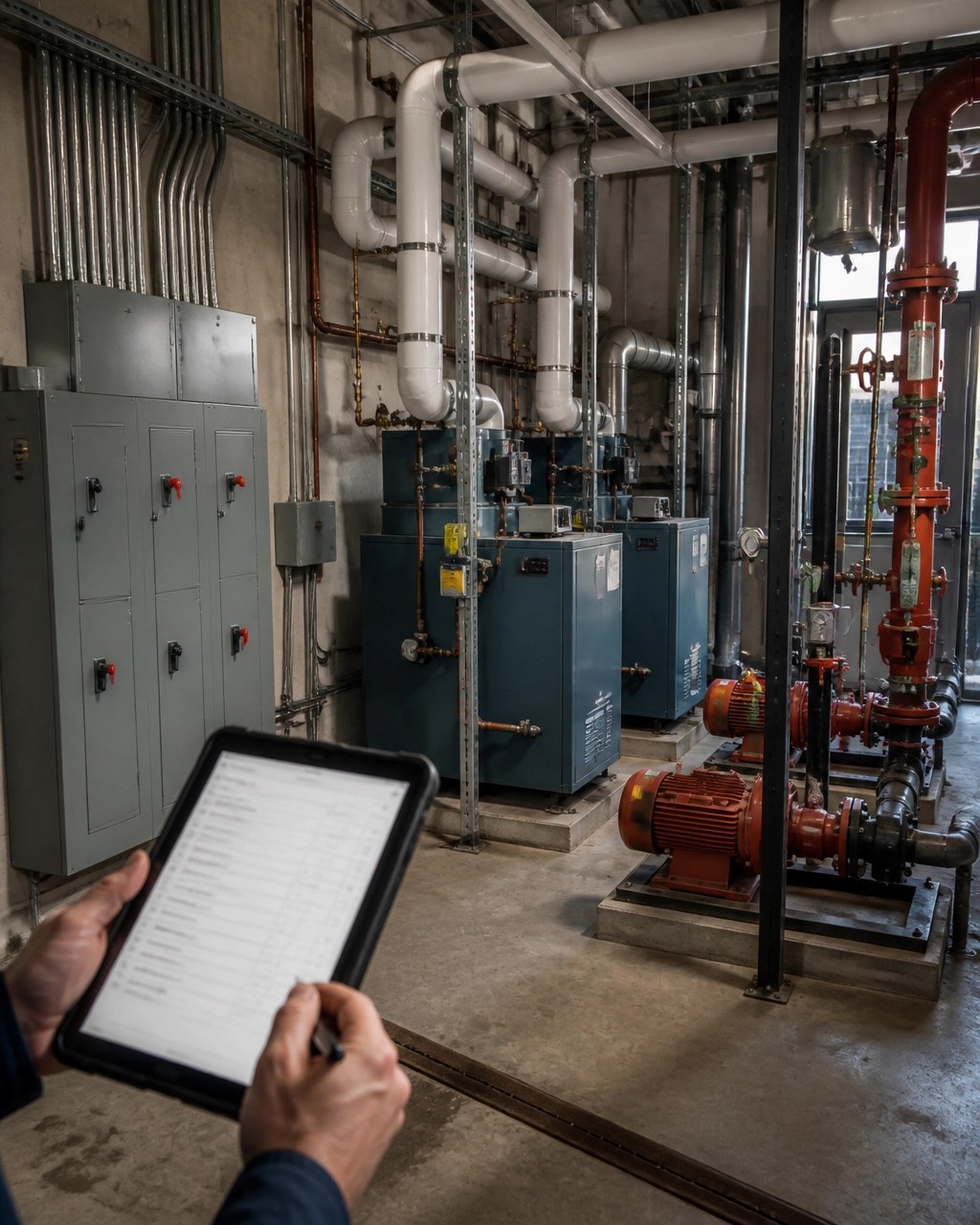 Commercial mechanical room with boilers, pumps, electrical panels, conduit, fire protection piping, and inspection documentation