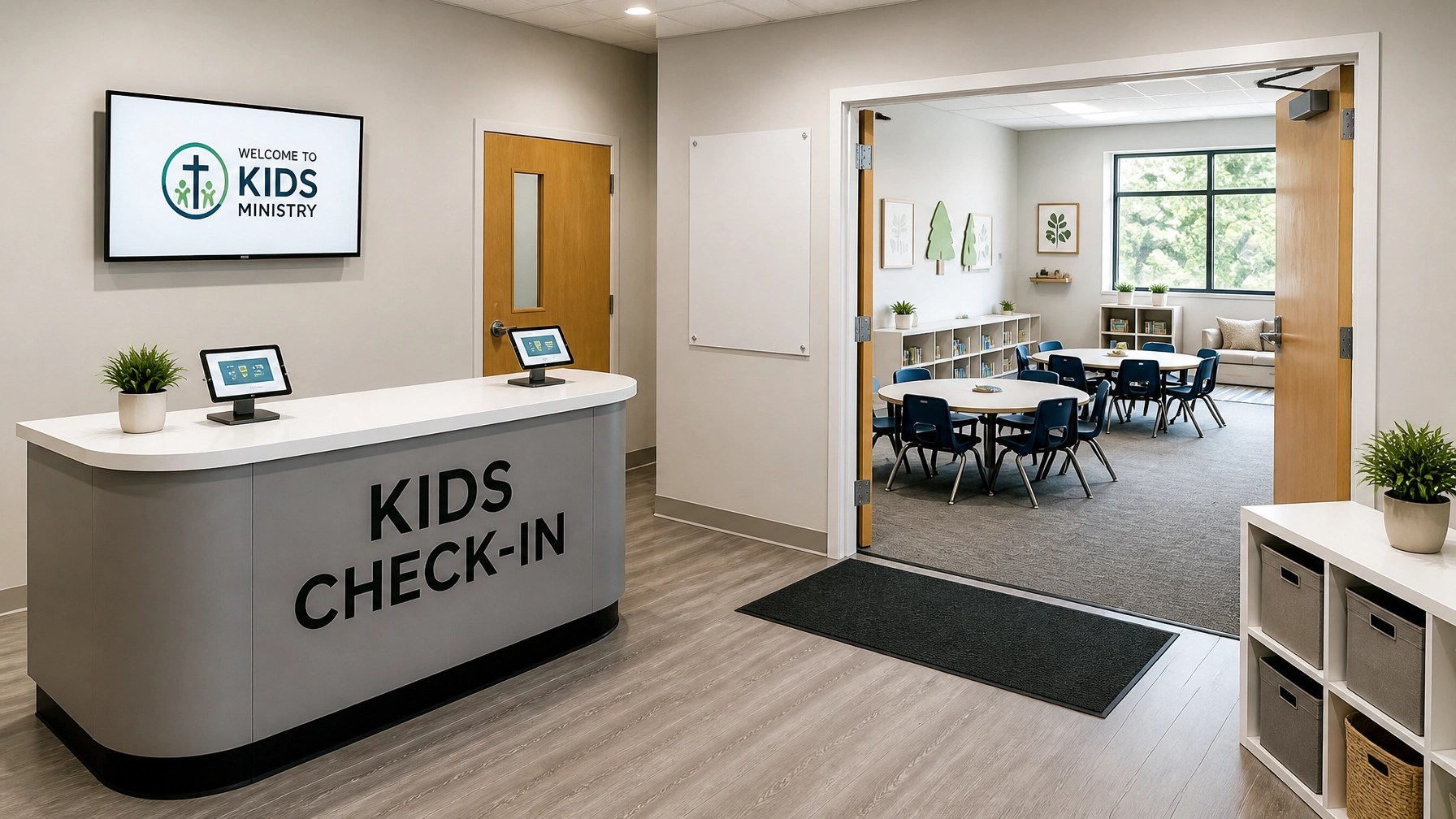 Children's ministry classroom preview Children's ministry classroom with small tables, chairs, and organized learning areas