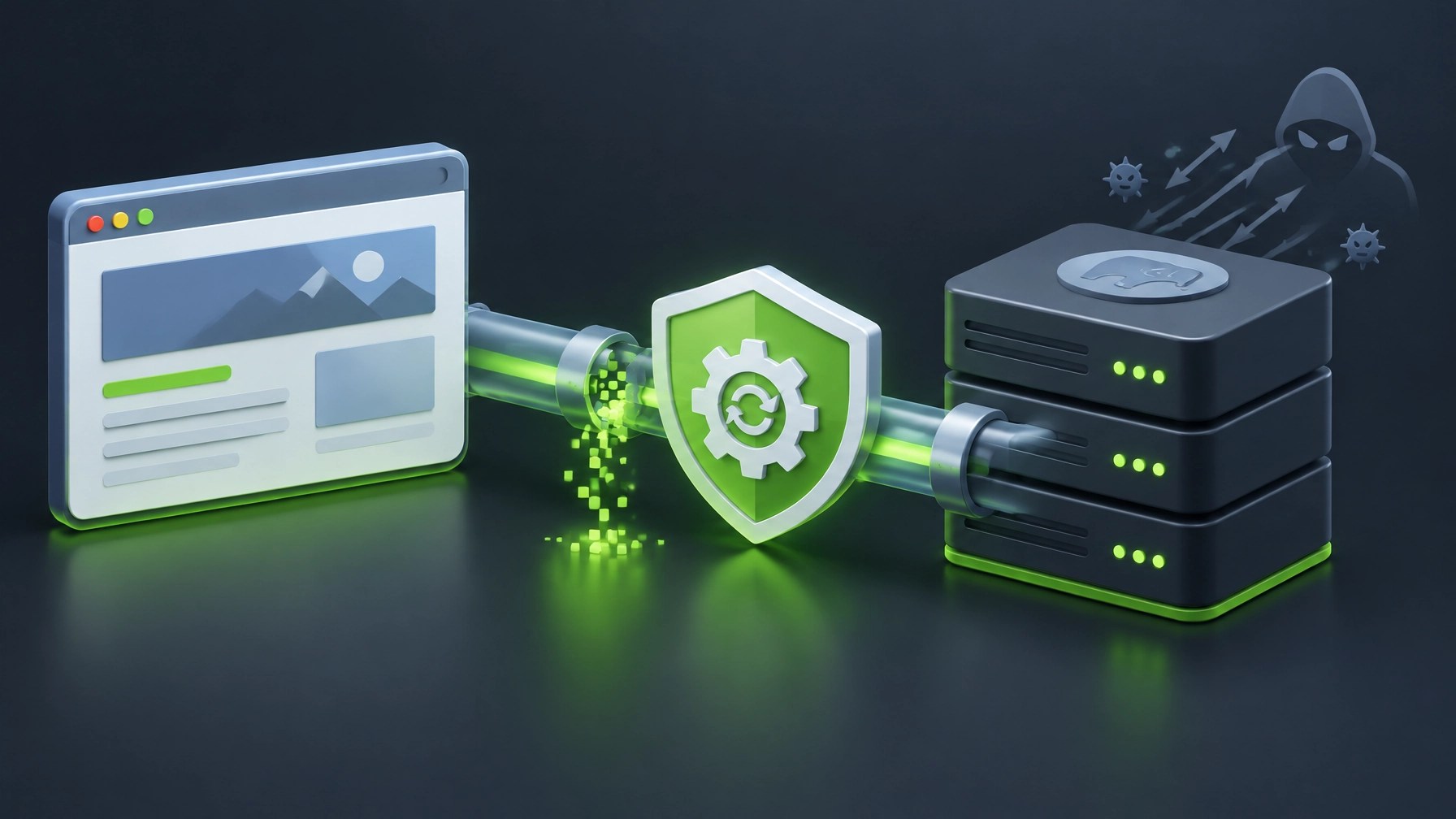 A business website server protected by a security shield as a data leak is contained