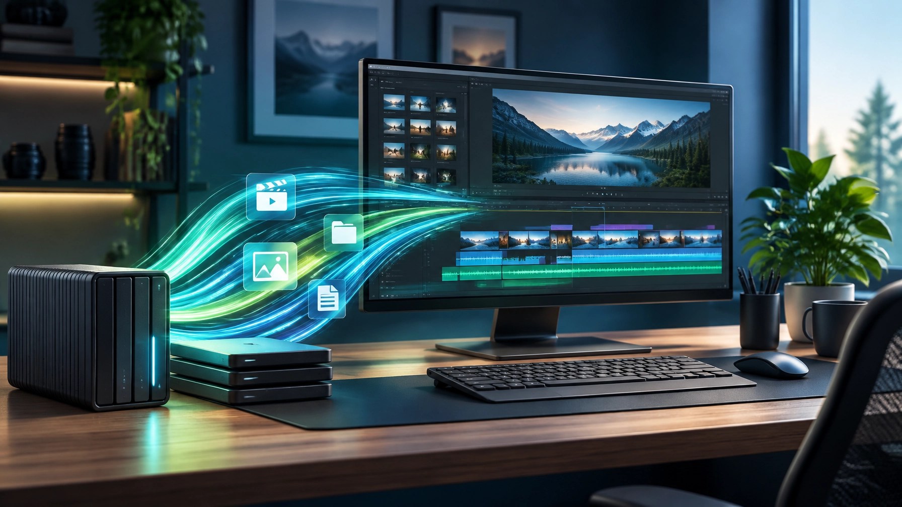 A creative workstation loading large editing projects from fast storage