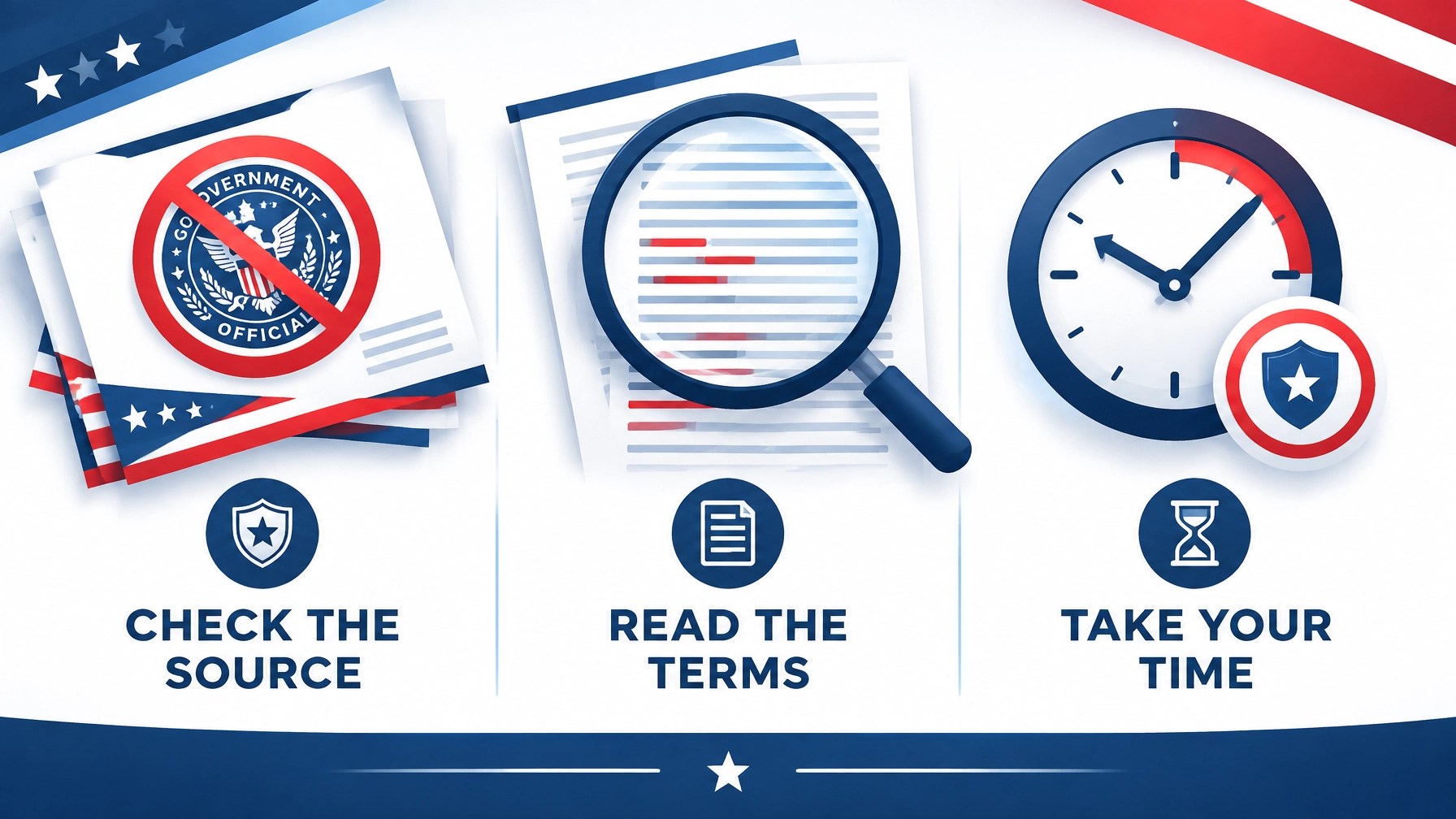 Illustration showing mortgage mailers, fine print, and warning symbols