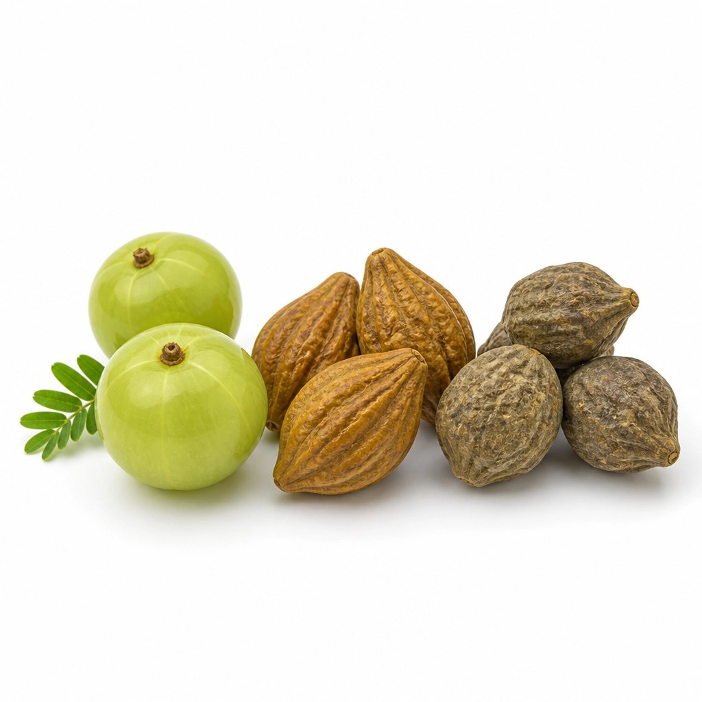 Los tres frutos de Triphala: Amla, Haritaki y Bibhitaki