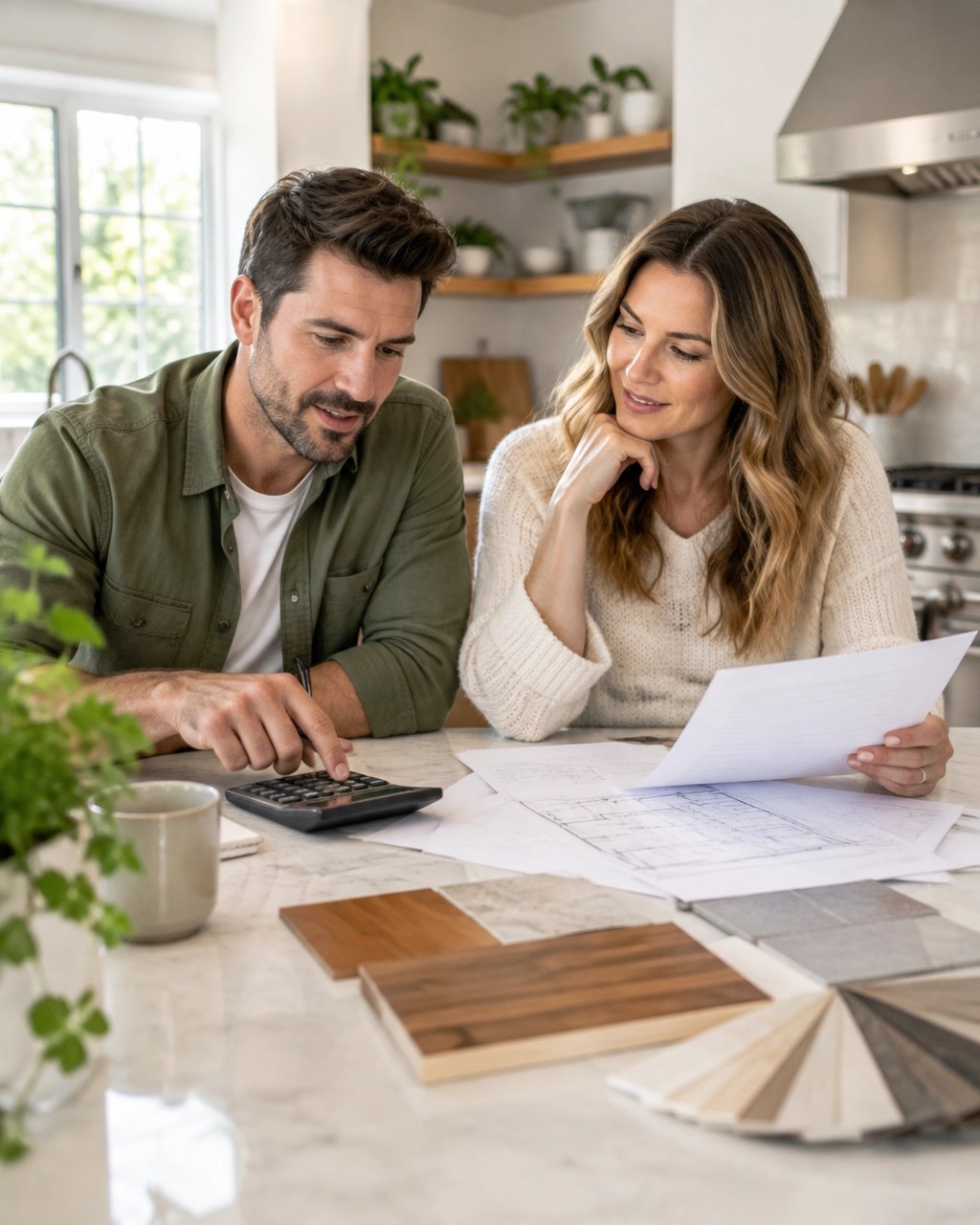 Homeowner couple planning a renovation budget with a calculator