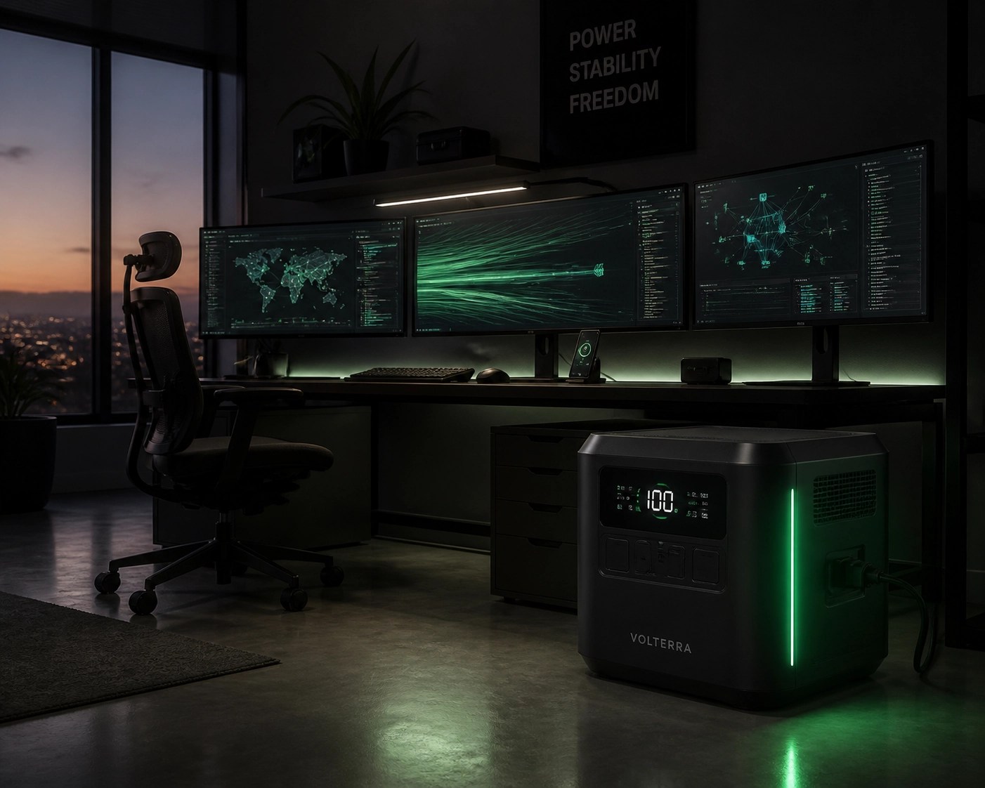 Professional minimalist tech workstation featuring a portable power station for high-end PC troubleshooting.