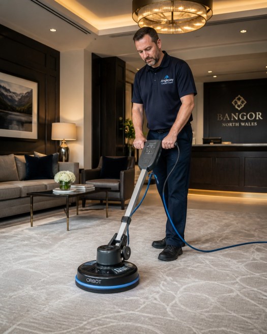 A professional technician using a low-moisture carpet cleaning machine