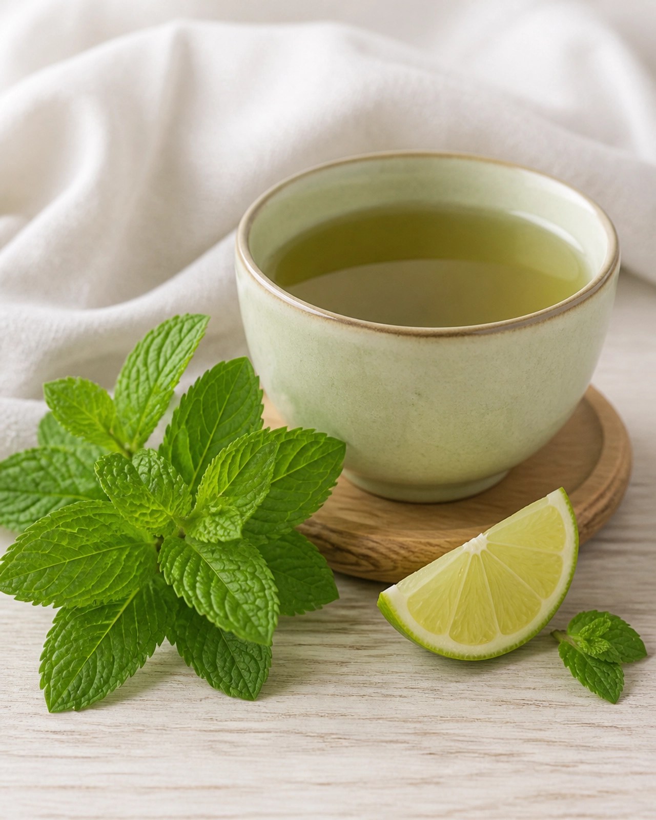 A cooling still-life photograph of mint tea, fresh leaves, and lime, representing the balanced and refreshing energy required for Pitta types.