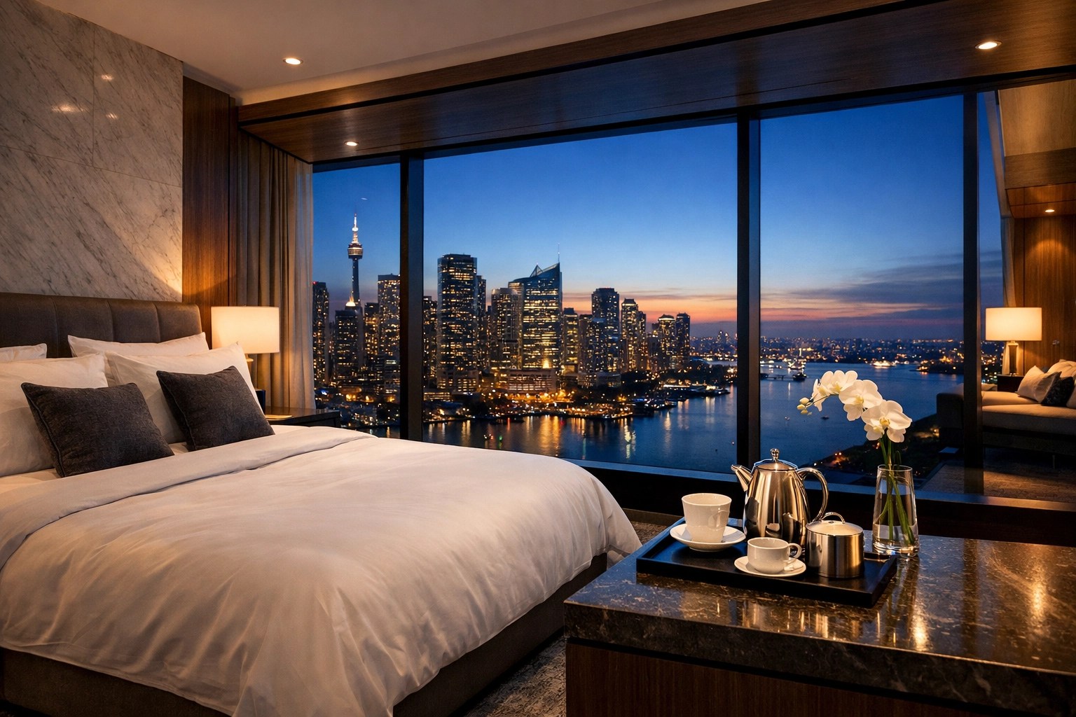 Modern luxury hotel suite with a city skyline view, featuring premium linens and a zero-stress ambiance.