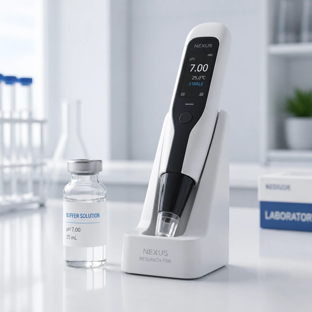 A sleek modern research pen system and vial, representing the delivery of advanced peptides.