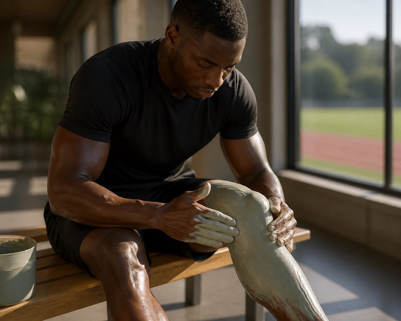 An athlete applying French green clay paste to their knee for natural sports recovery and inflammation relief.