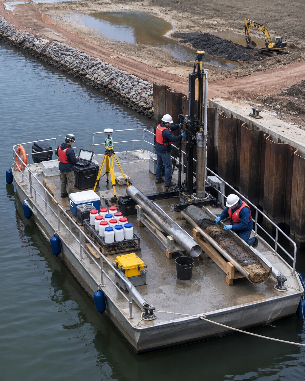 Environmental sampling barge beside an urban bulkhead with sediment cores, vibracore equipment, and field survey instruments