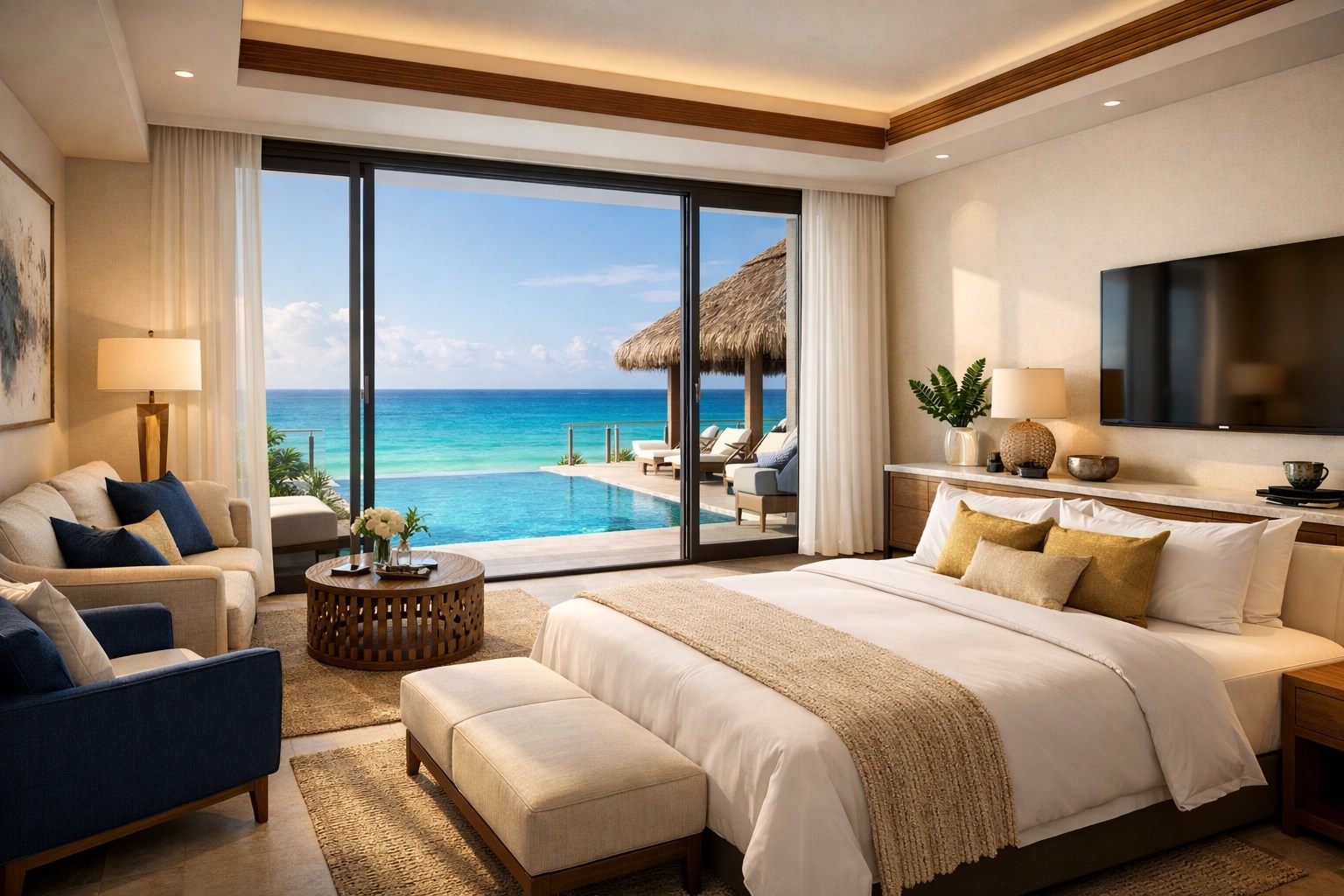 Elegant beachfront suite with ocean view at luxury Cancun resort opening in 2026