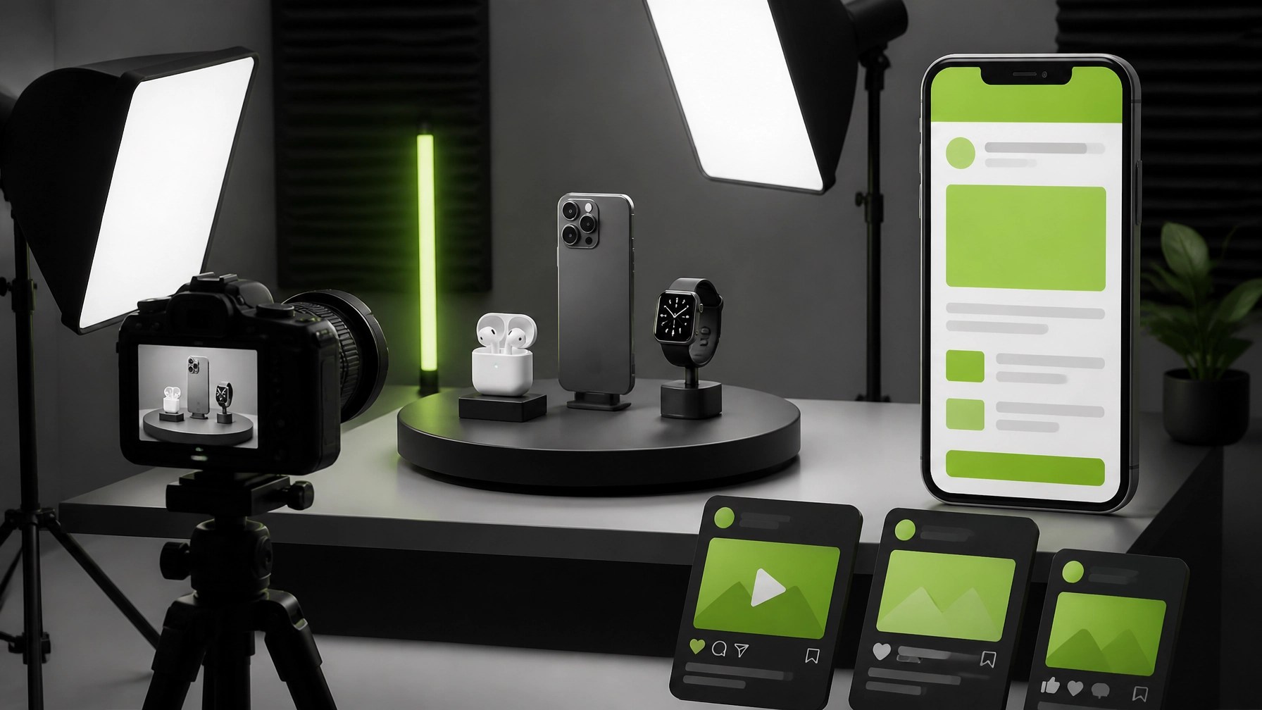 Small business product video studio with camera, lighting, product table, and storefront content workflow