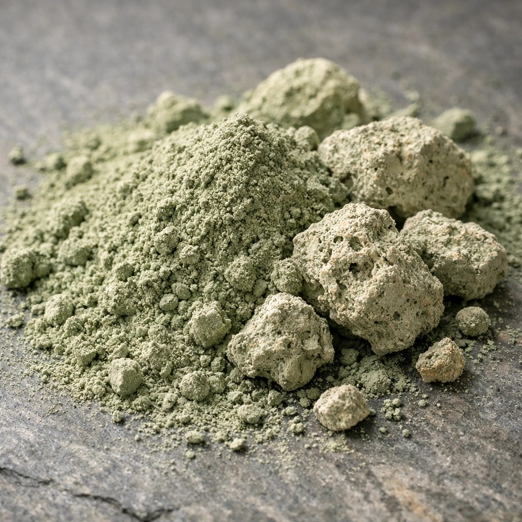 Raw French green clay powder and mineral chunks showing pure, safe texture.