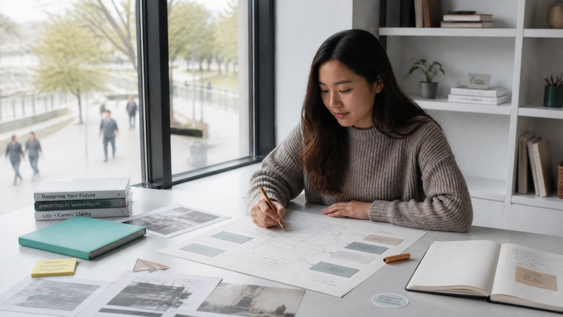 A college student creating a career decision map with notes, project samples, and paper materials in a bright study space