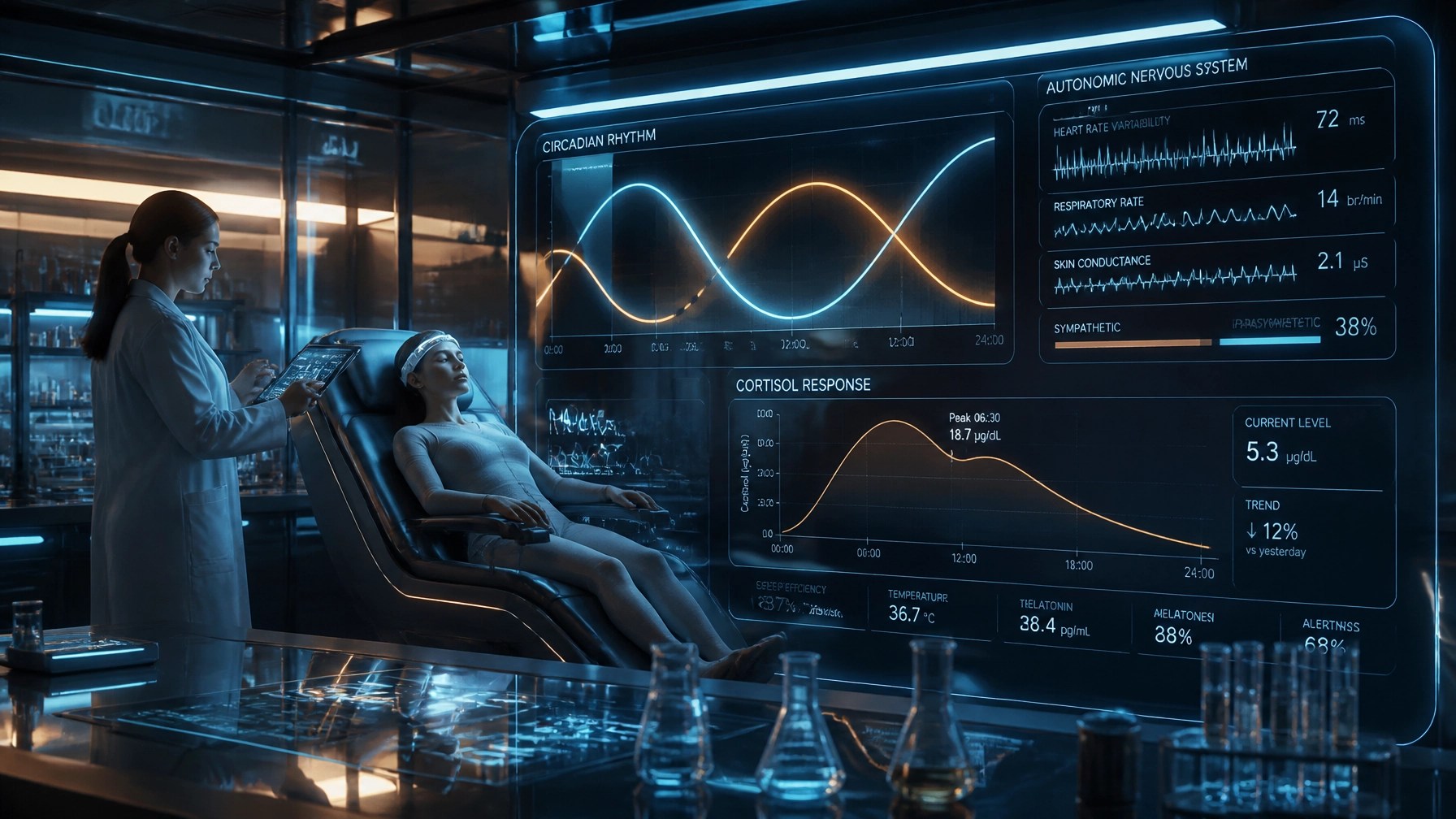 A futuristic physiological laboratory scene showing glowing circadian rhythm wave graphs