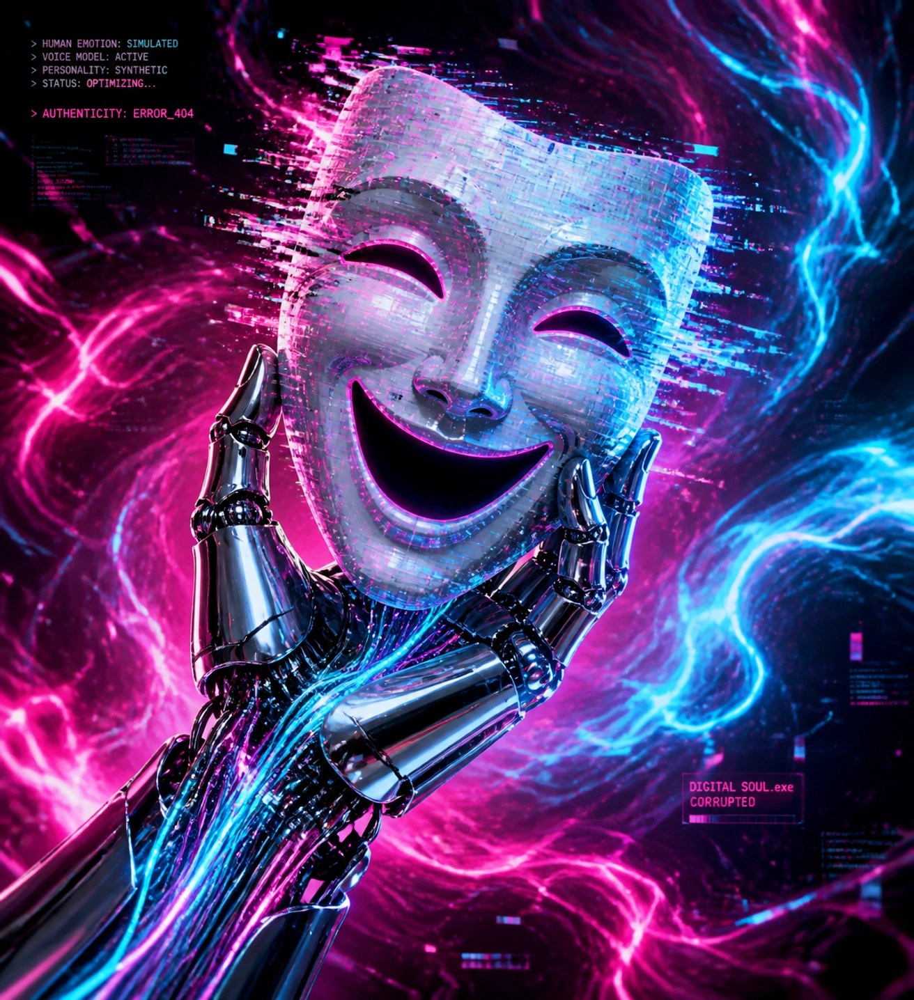 Cybernetic hand holding a comedy mask symbolizing AI-generated content in the media industry.