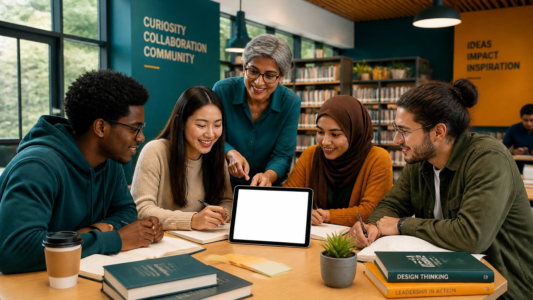 A diverse group of students and mentors collaborating on a project in a modern library with books and a tablet showing a blank screen