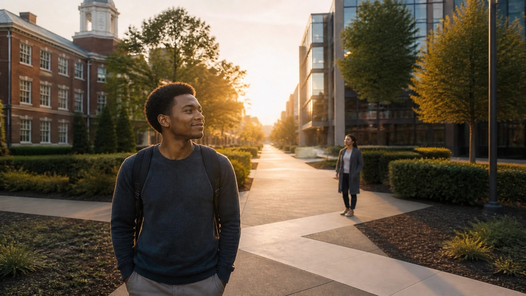 A recent graduate walking confidently along a campus pathway toward a professional neighborhood