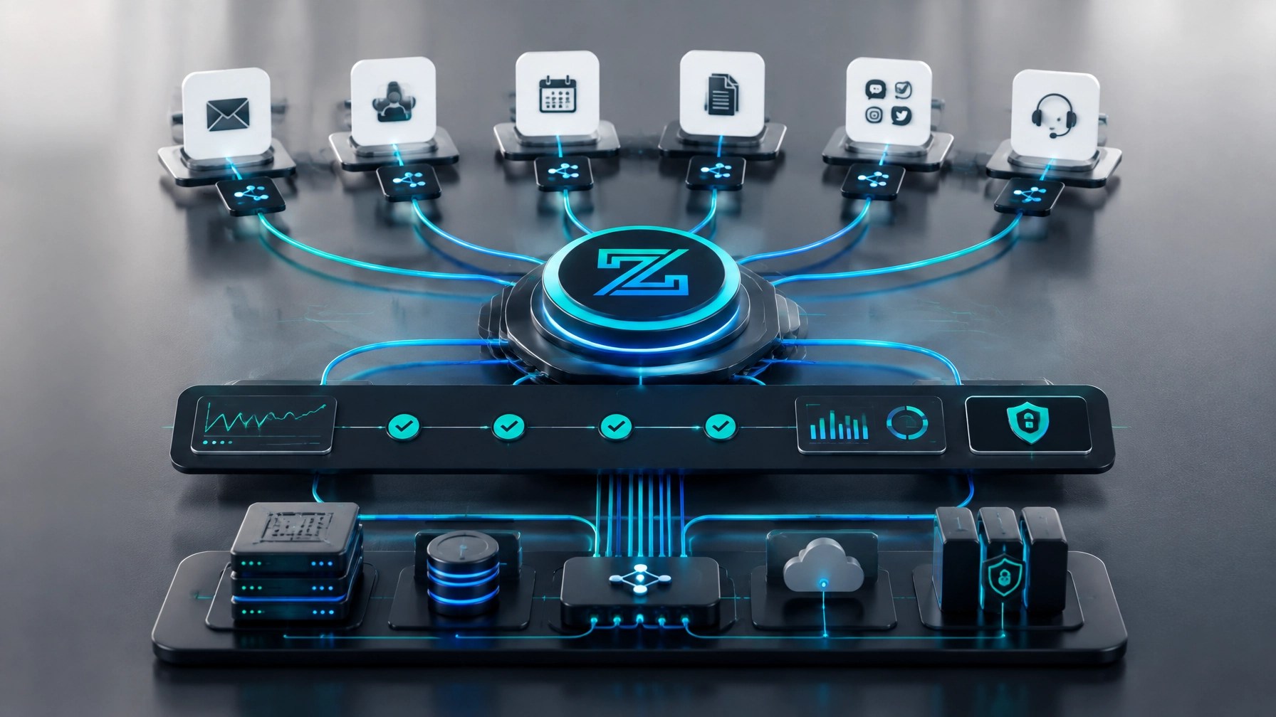 A managed operational architecture connecting CRM, workflow checkpoints, calendars, documents and monitoring signals through a central governance layer