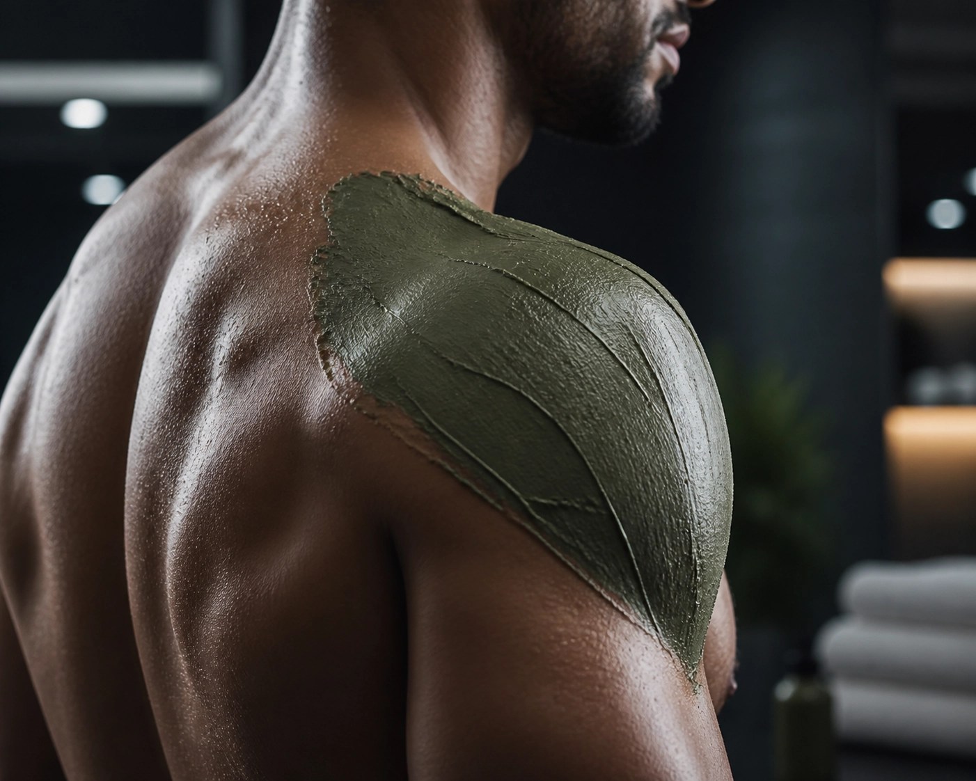 Natural green clay paste applied to an athlete's shoulder for muscle recovery and inflammation.