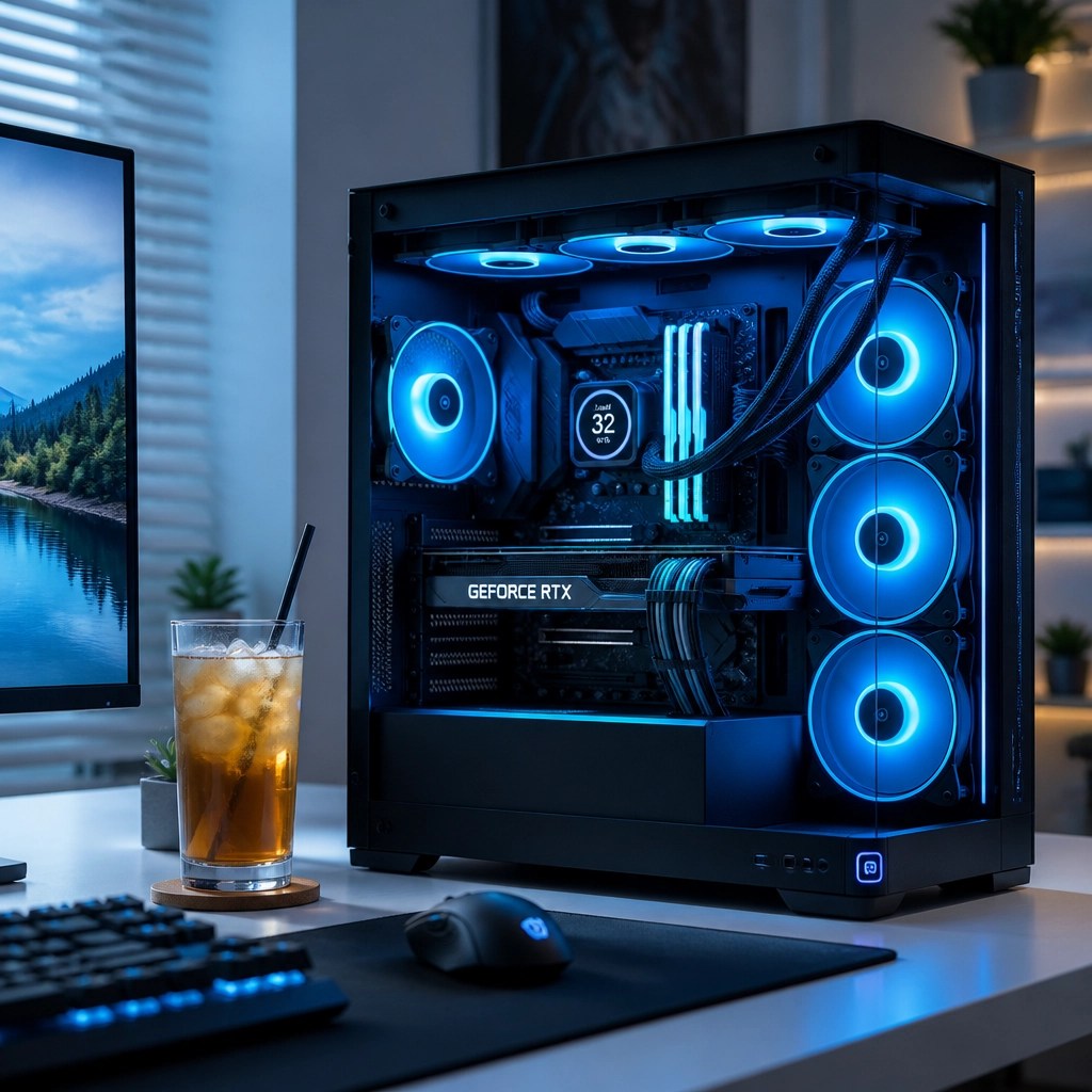 Clean gaming PC with cool blue lights