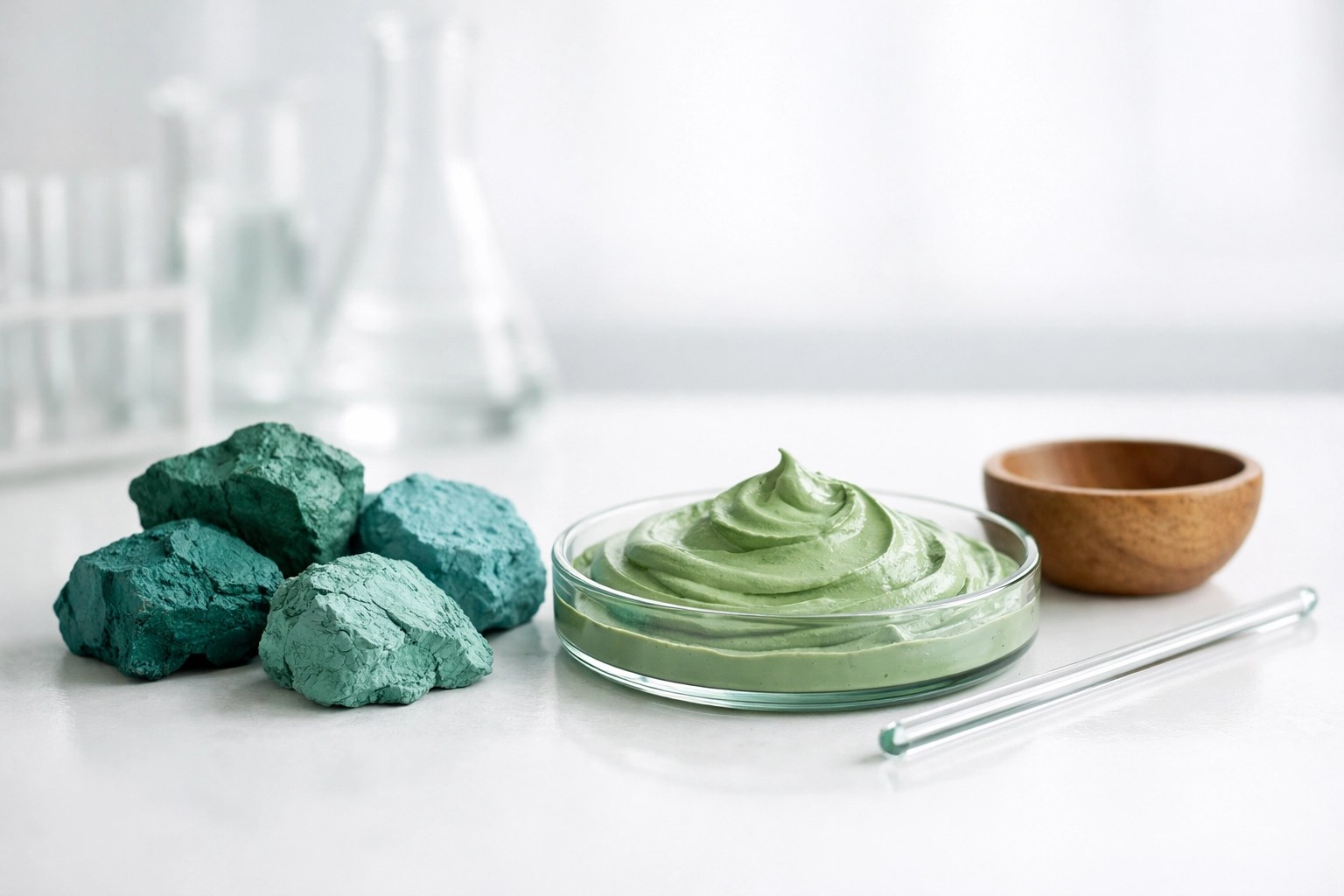 Raw healing clay minerals and prepared green clay mask in a scientific laboratory setting for skin research.
