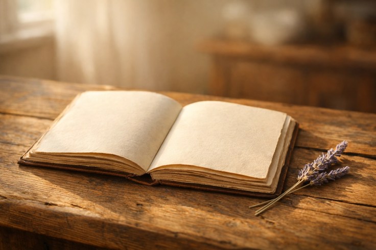 Open journal and lavender sprig on a wooden table, reflecting the peace found in poetry about loss.