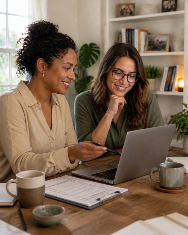 Small business owner and colleague reviewing an AI-generated draft before approval
