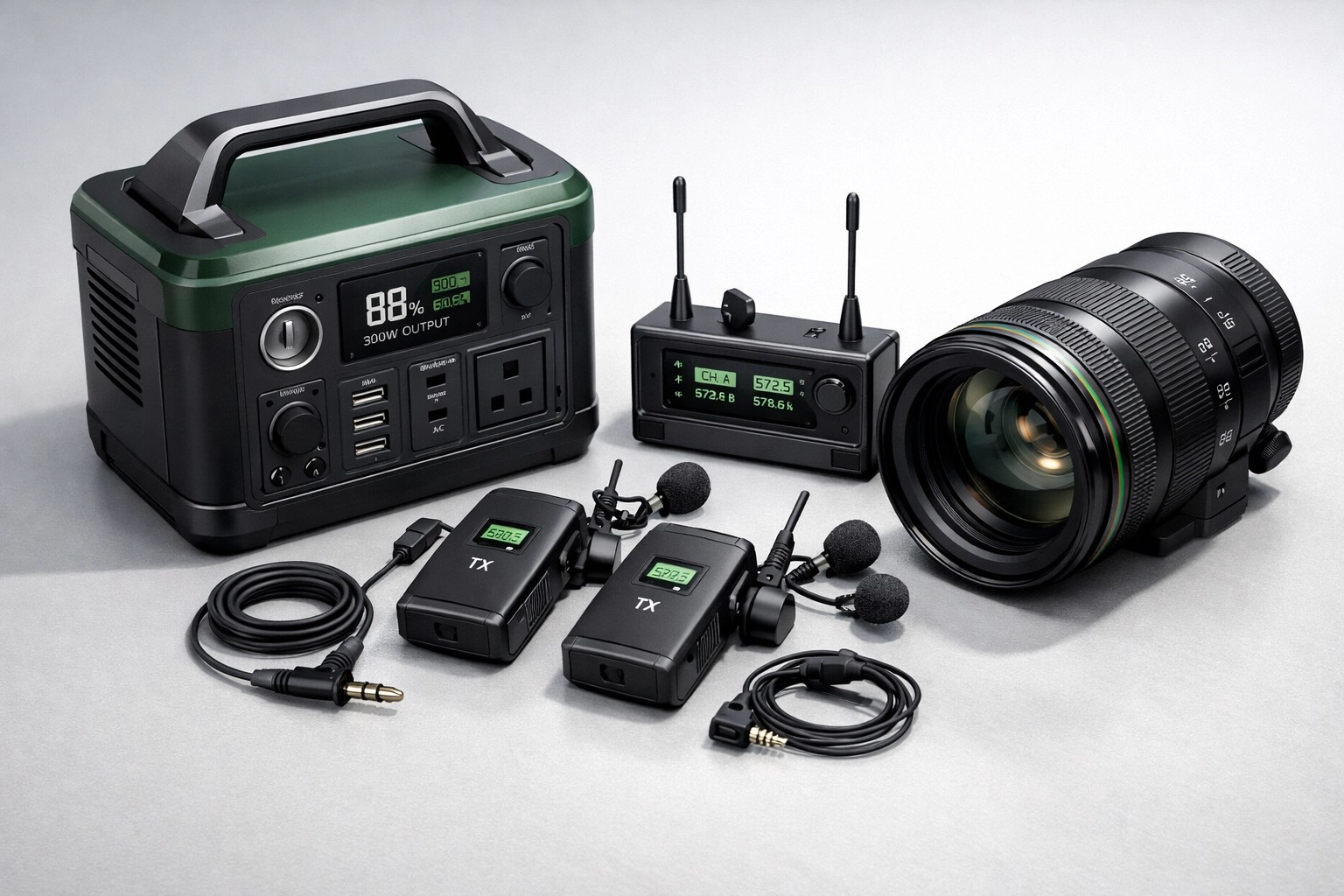 Collection of high-performance tech gear including a portable power station and professional microphones.