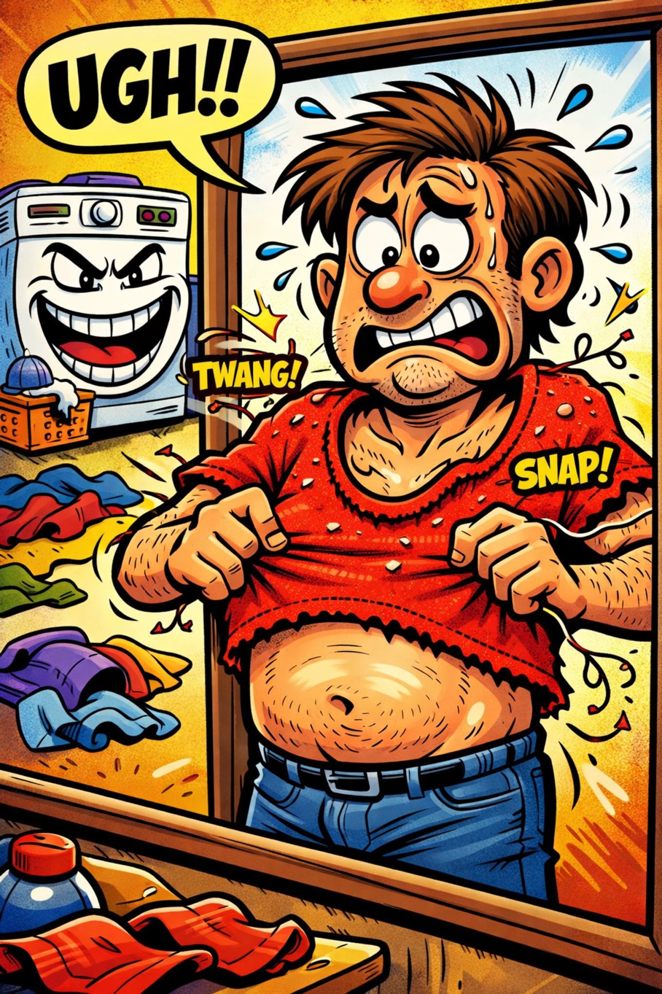 Why Everyone Is Talking About Vintage Graphic Tees (And Why Our Retro Sarcasm Is Peak Gen X Energy) 7 Funny illustration of a man struggling with a cheap, shrunken t-shirt in the mirror.