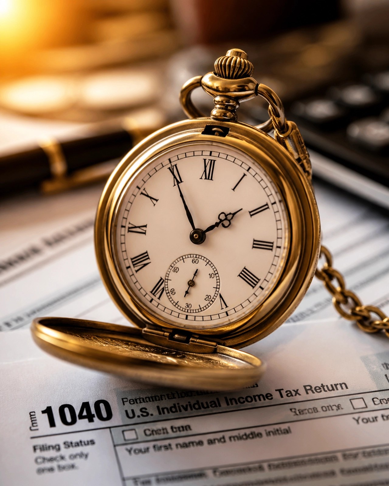 A professional pocket watch on tax documents, representing the urgency of retirement planning