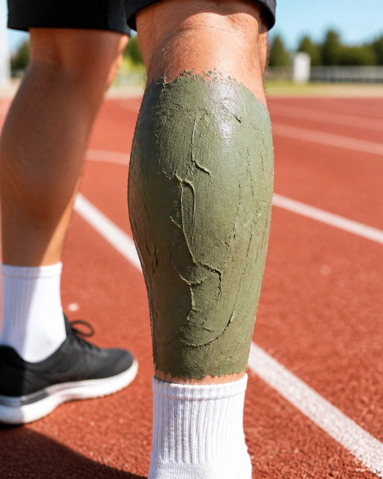 Green clay application on a runner's calf muscle