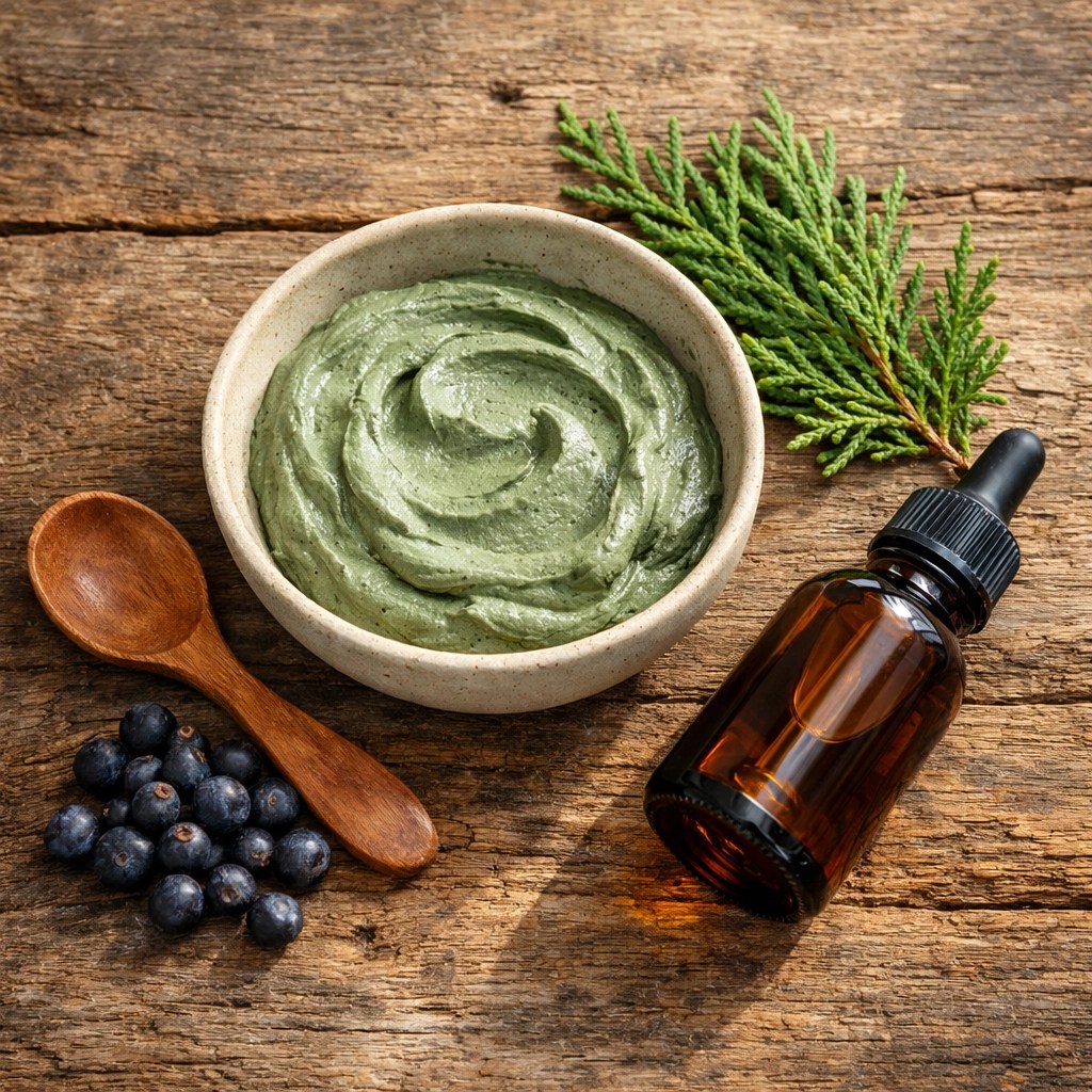 DIY beard detox ingredients with French green clay, cedarwood sprigs, and juniper berries in a rustic setting.