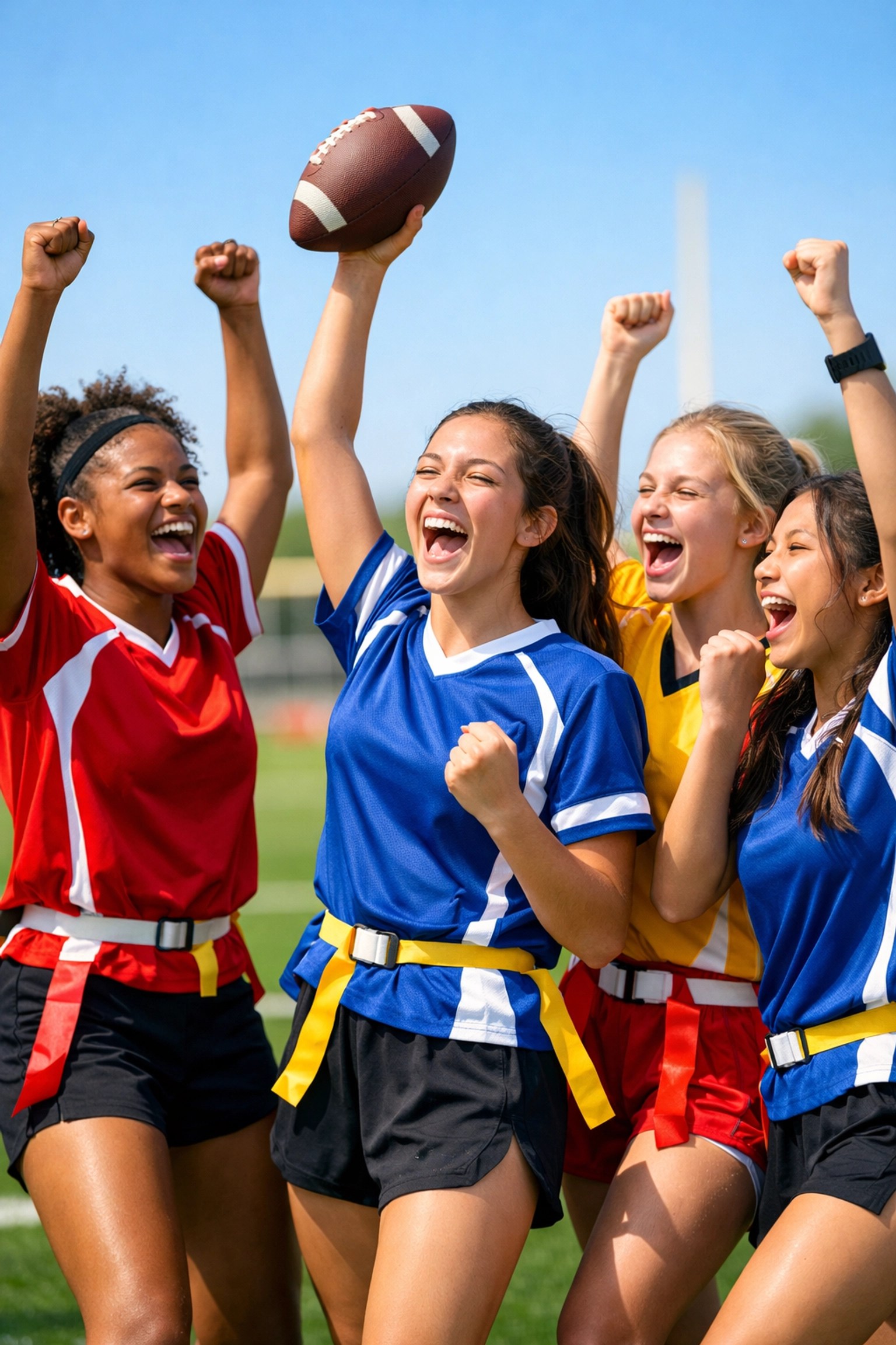 Girls flag football team celebrating victory in Atlanta after competitive game