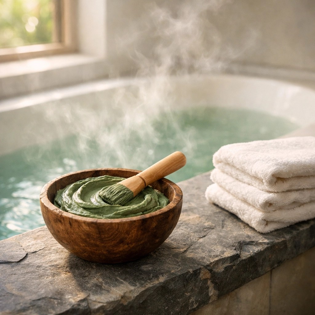 A green clay mineral bath soak setup for whole-body recovery and joint health.