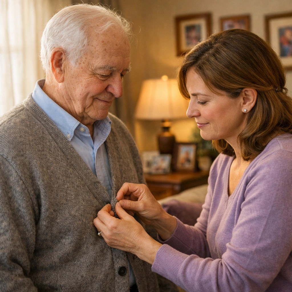 Woman helping elderly father with personal care assistance in their Pittsburgh home