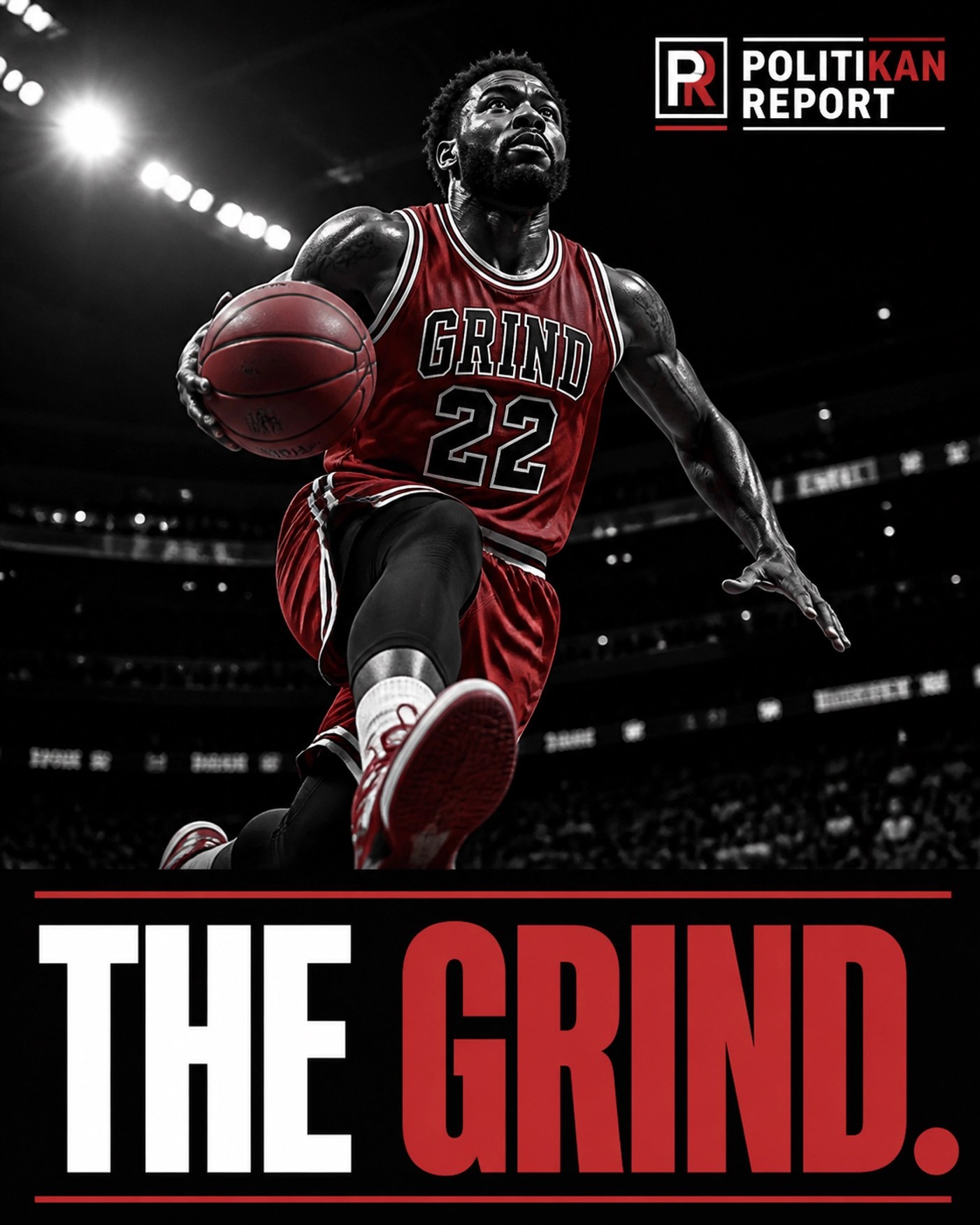 NBA player in action during a game, black and white sports photography with red accents and THE GRIND text.
