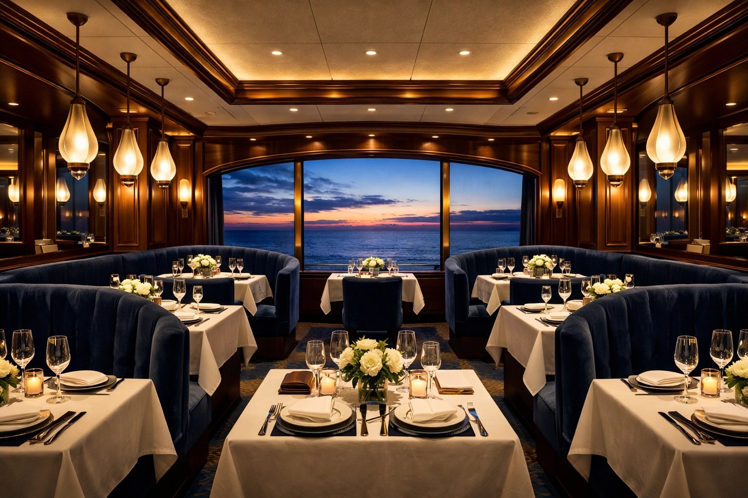 Elegant specialty restaurant interior on luxury cruise ship with ocean panorama