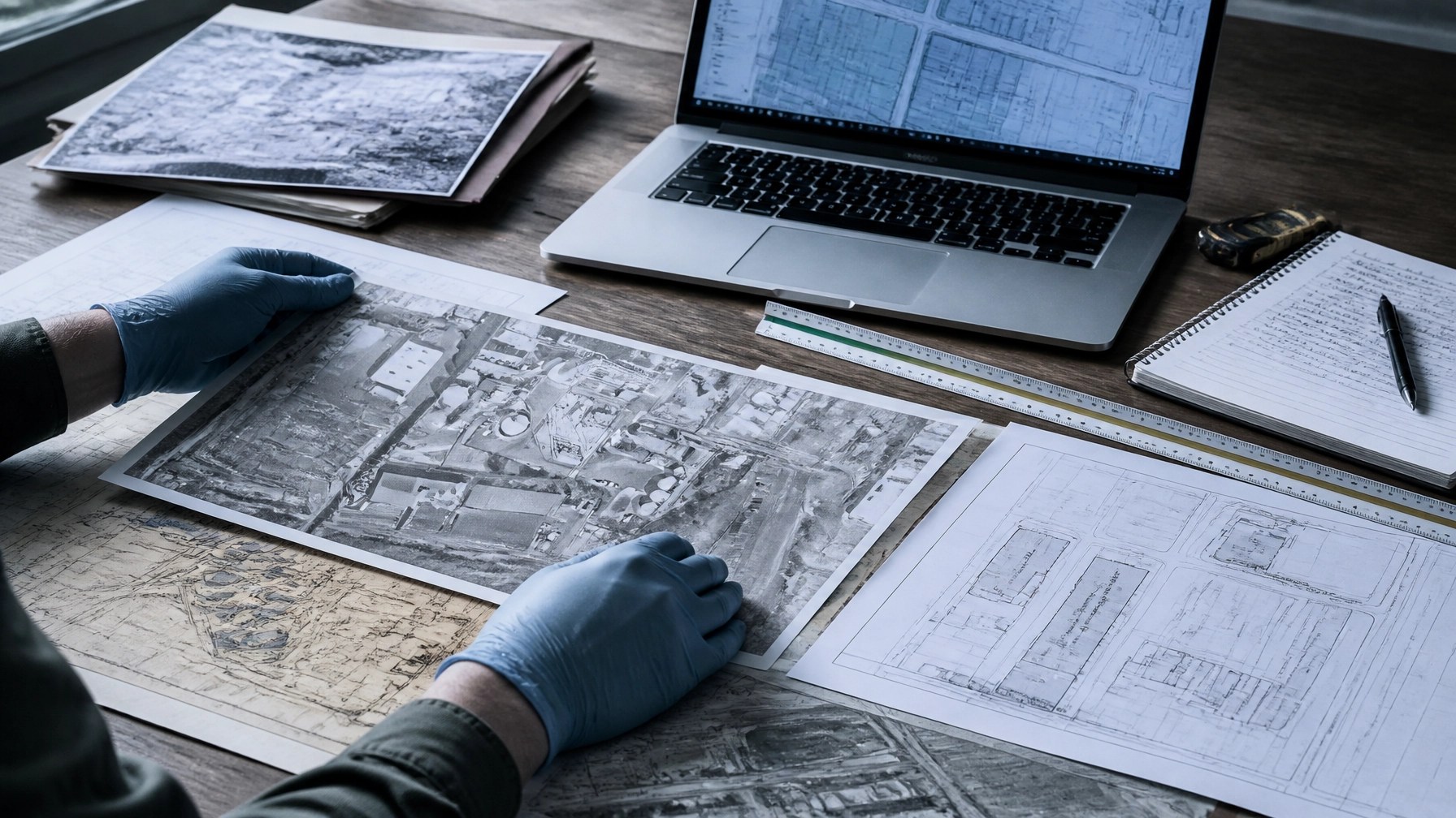 Environmental due diligence worktable with historic parcel maps and current Brooklyn site mapping