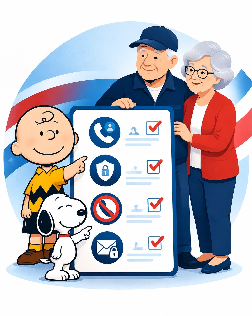 Charlie Brown and Snoopy stand beside a checklist for identifying suspicious calls and protecting personal information