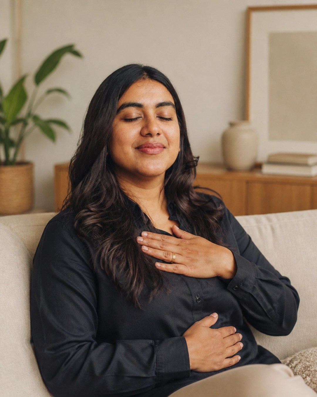 A woman practicing deep breathing on a sofa, representing nervous system regulation and holistic self-care.