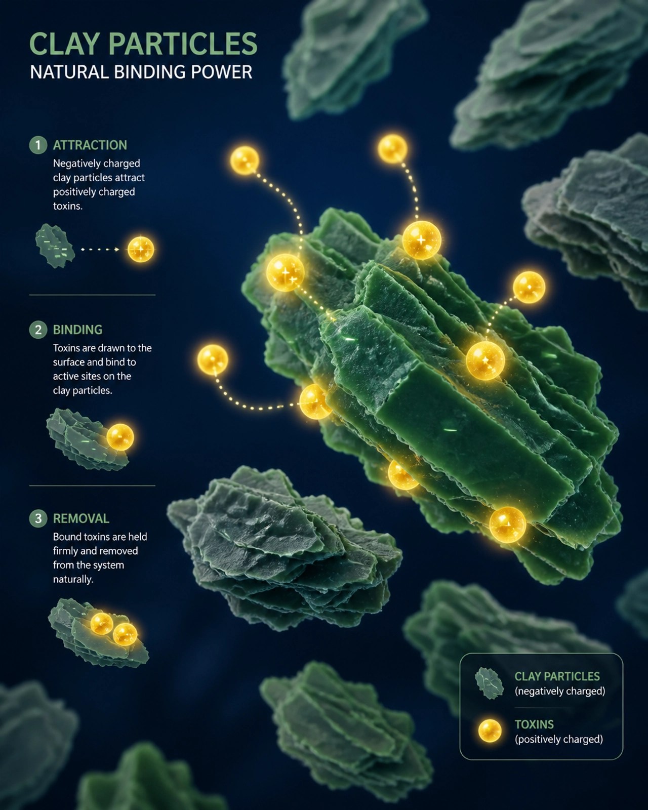 An artistic representation of green clay particles at a microscopic level attracting and binding to glowing spheres representing toxins.