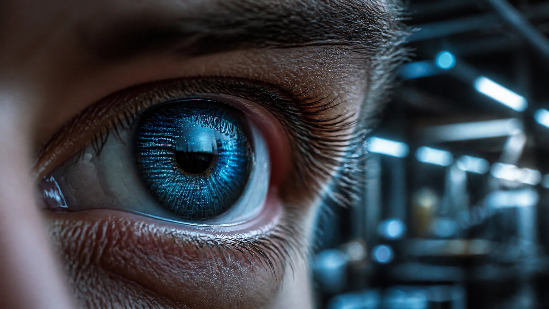 A cinematic close-up of a high-performance leader's eye. Reflected in the pupil is a complex digital landscape of raw, unvarnished data streams: no charts, no filters, just the cold reality of a factory floor's heartbeat.